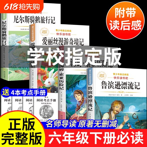 全套4册鲁滨逊漂流记完整版六年级下册必读课外书原著正版人教版快乐读书吧6六下阅读书籍汤姆索亚历险记骑鹅旅行记爱丽丝漫游奇境