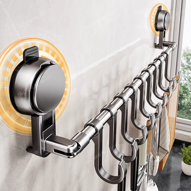 吸盘厨房伸缩杆挂杆窗户窗台置物架带挂钩横杆免打孔挂架收纳承重