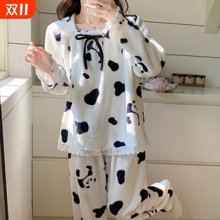 可爱少女士法兰绒冬天家居服 大码 睡衣女秋冬款 加绒加厚珊瑚绒长袖
