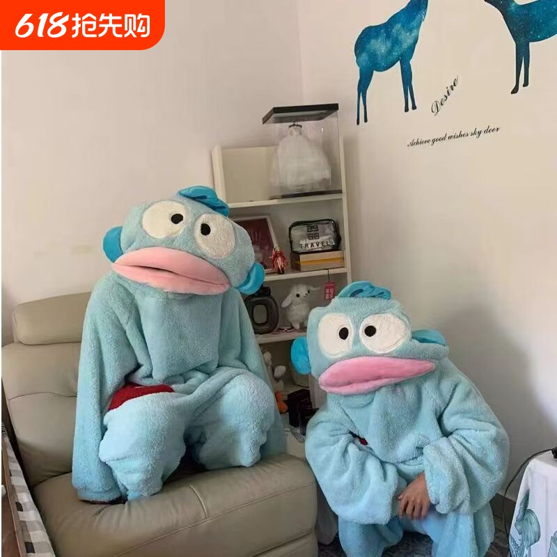 搞怪情侣连体睡衣女冬季厚珊绒卡通丑袋鱼大码睡毛绒加家动漫