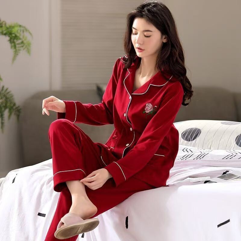 带胸垫纯棉睡衣女士春秋季长袖开衫加大码全棉套装可外穿居家上衣