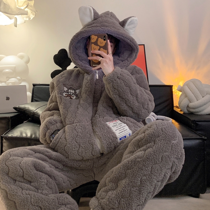 俞兆林男士睡衣秋冬季加绒加厚三层夹棉袄珊瑚绒青少年冬天家居服