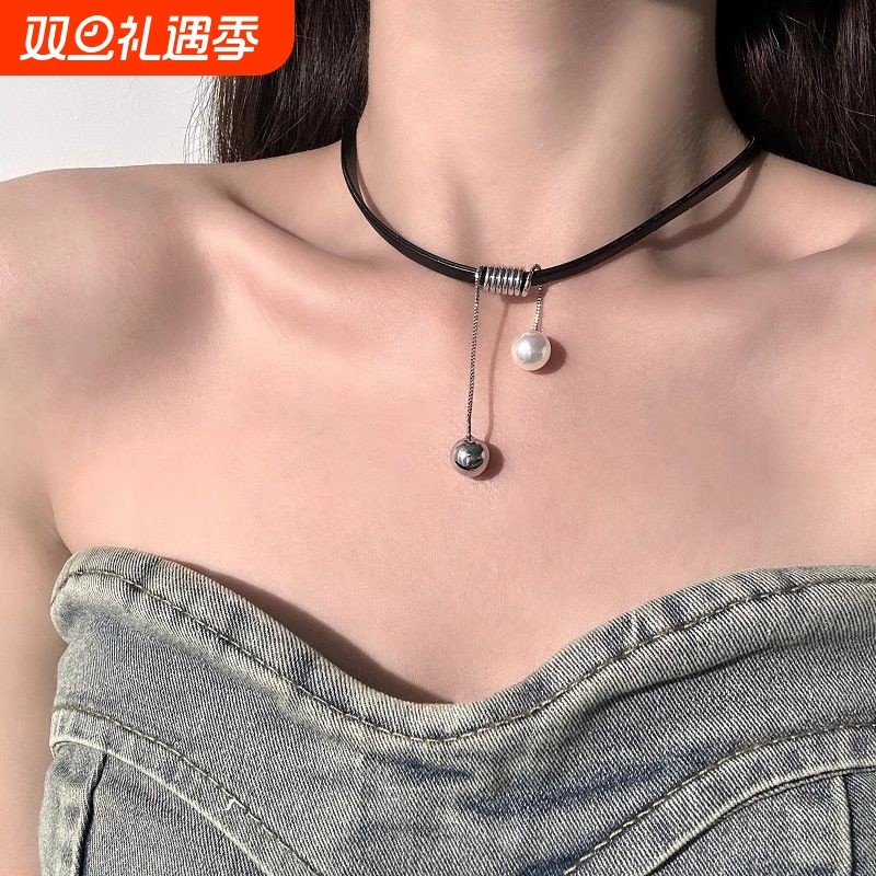 珍珠流苏皮质颈链女ins小众辣妹冷淡风脖子项链夏天简约个性cho