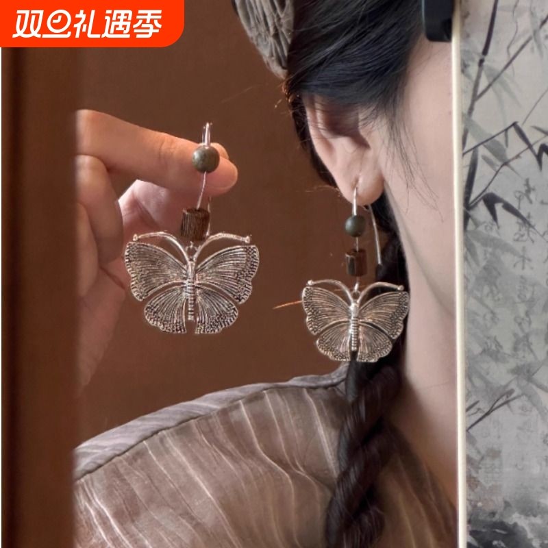汉服旅拍轻奢银色蝴蝶新款小众高级感森系耳环民族风气质耳钩女