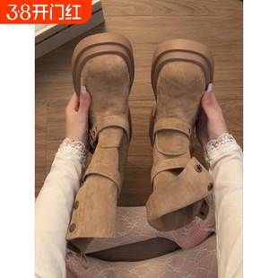 美拉德短靴女秋季增高厚底马丁靴机车靴弹力瘦瘦靴牛仔靴高跟中筒