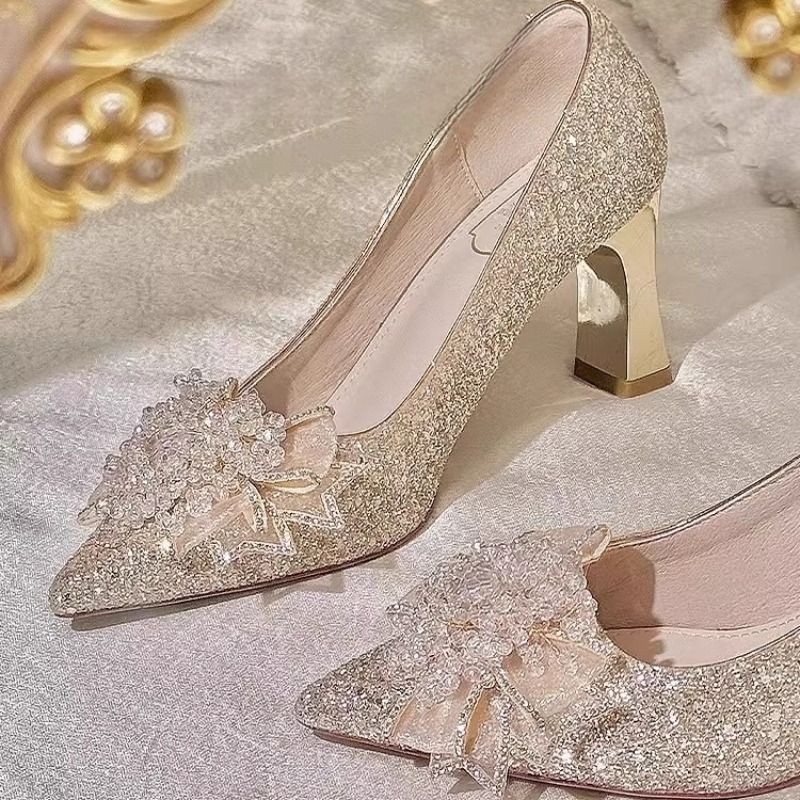 粗跟婚鞋新娘女不累脚禾秀婚纱两穿水晶鞋2025新款订婚春季高跟鞋