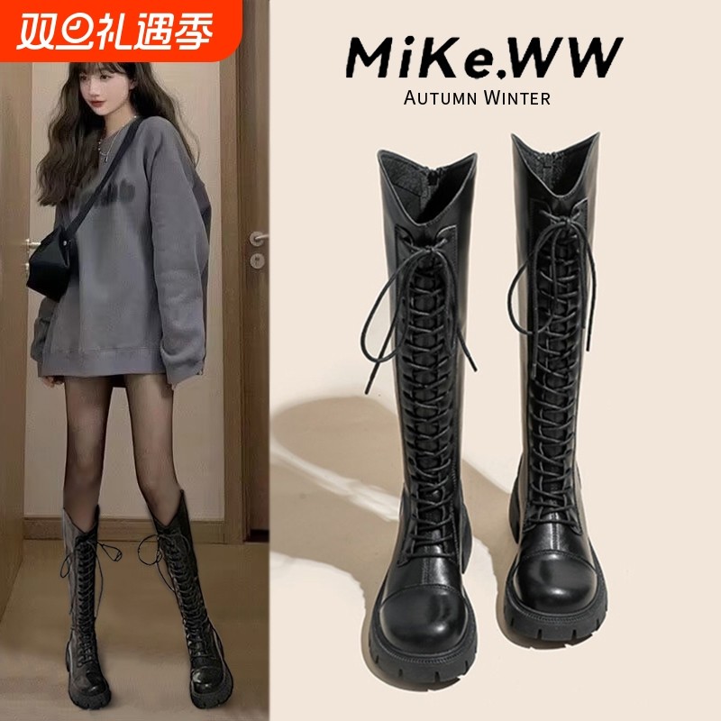 骑士靴长靴2025新款秋冬加绒雪地靴长筒马丁高筒靴平底真皮皮面