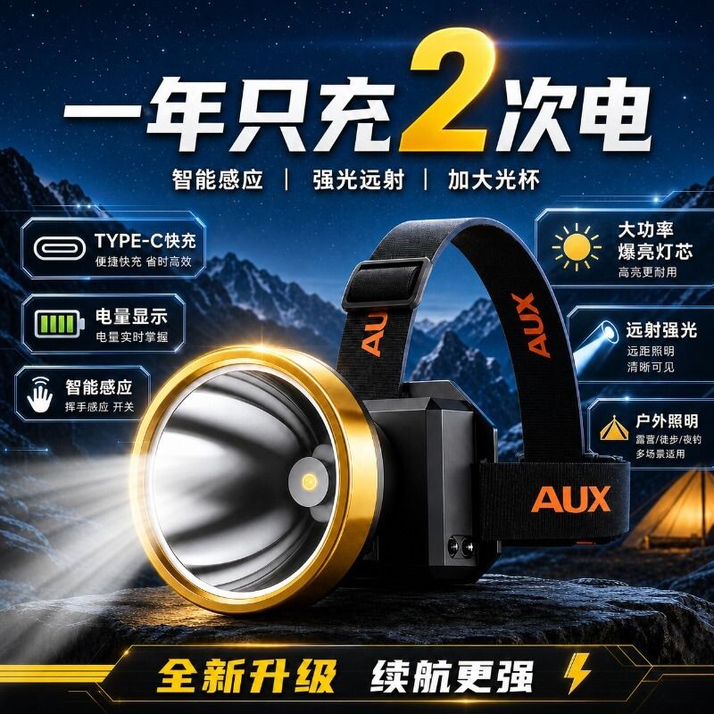 对标公牛夜钓鱼头灯强光超亮头戴式户外超长续航矿灯轻专用充电