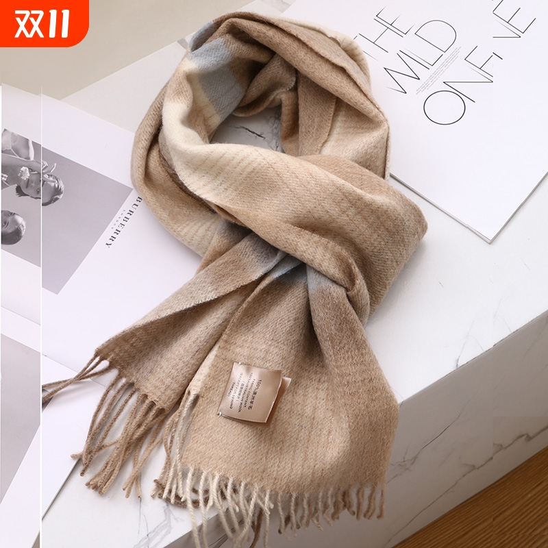 100%羊毛格子围巾女送礼A披肩生日礼物氛围感纯羊毛围脖冬季格纹