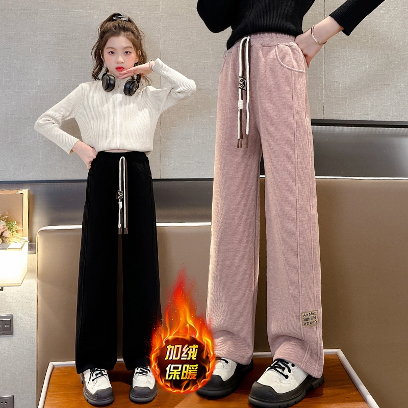 女童加绒裤子秋冬2024新款儿童加厚休闲长裤女孩冬季直筒阔腿裤绒