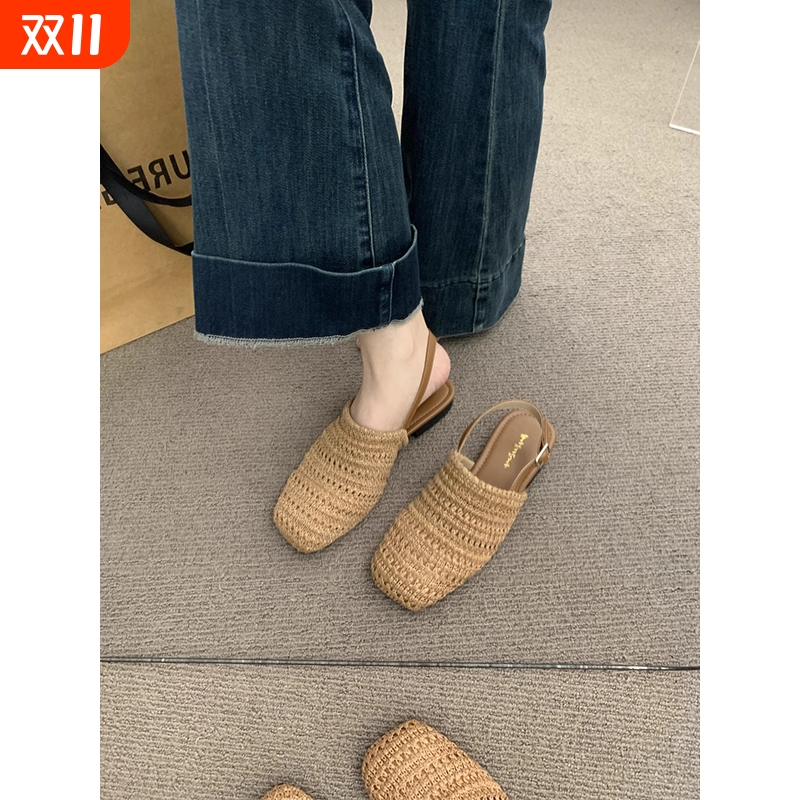 波西米亚风亚麻编织透气后空包头半拖鞋女2025新款平底外穿凉鞋