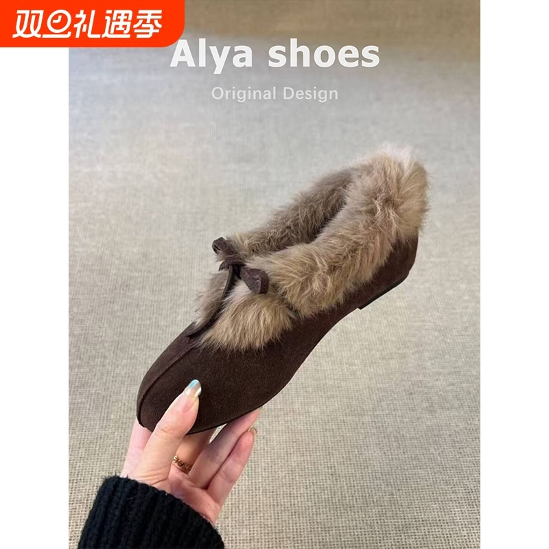 羊皮版~法式加绒单鞋女秋冬新款棕色复古毛毛鞋平底圆头保暖棉鞋