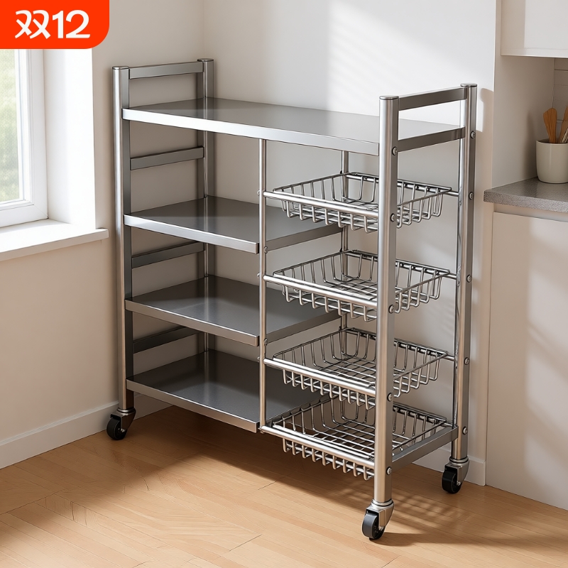 不锈钢菜篮子厨房多功能置物架落地多层微波炉收纳架架子蔬菜菜架