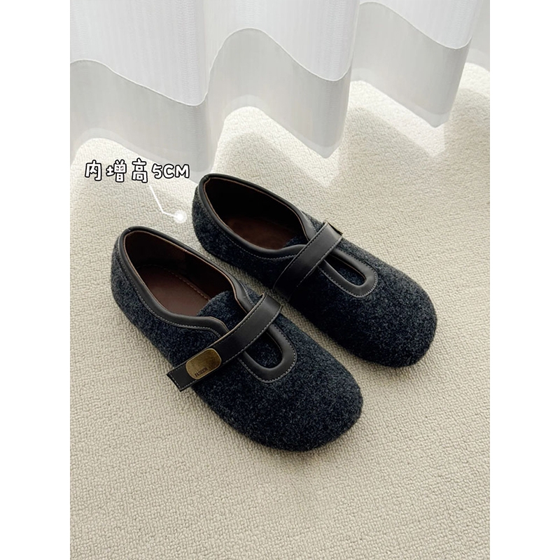 内增高5cm韩版复古百搭毛毛鞋女2025秋冬新款魔术贴加绒玛丽珍鞋