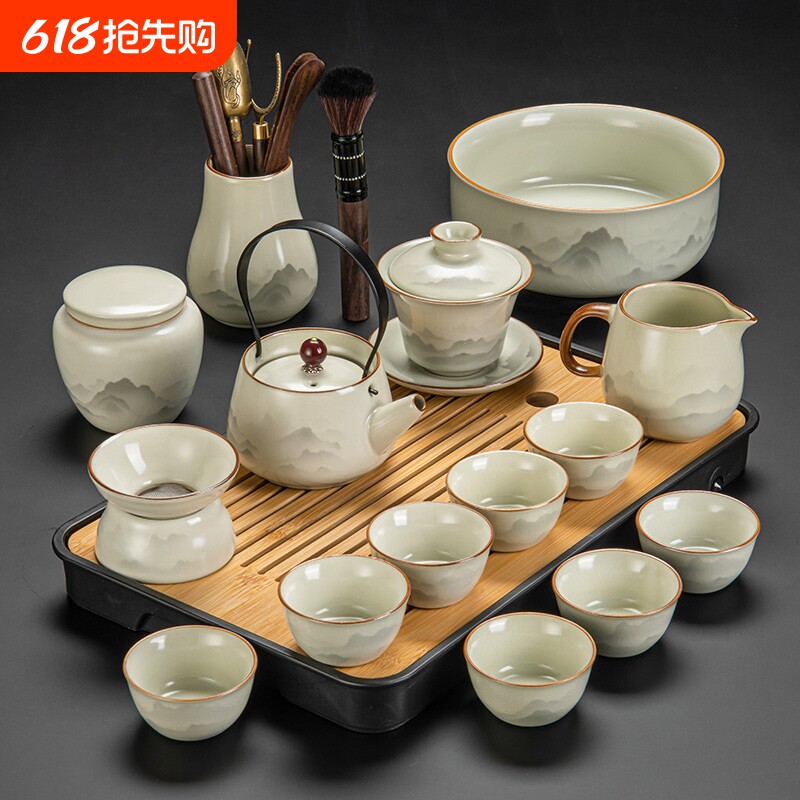 2025汝窑功夫茶具套装陶瓷茶壶盖碗茶杯茶盘轻奢高档家用泡茶喝茶