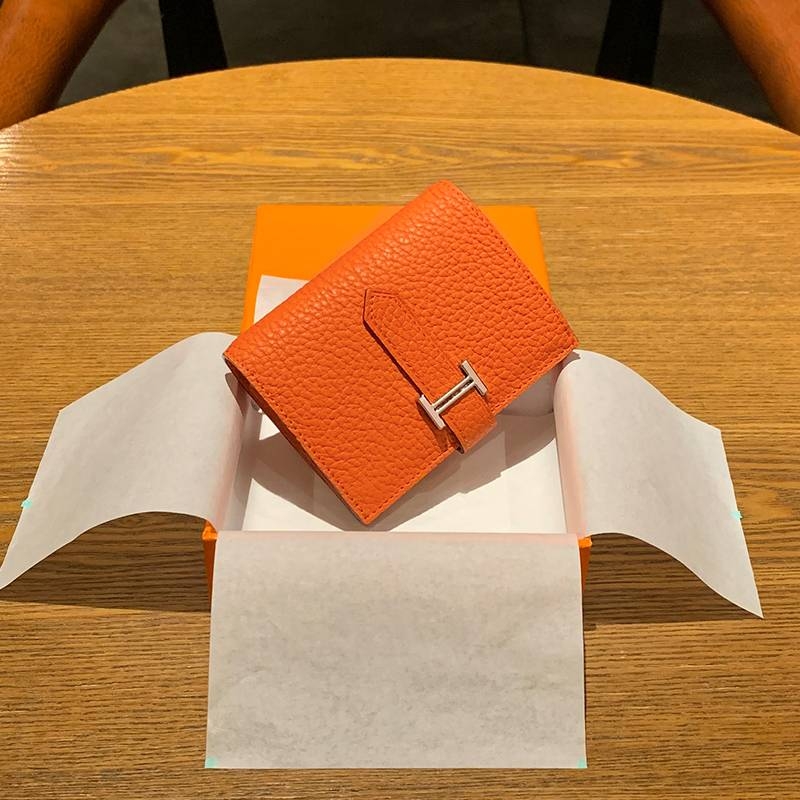 爱马女仕春云荔枝纹真皮女款H扣短款钱包 欧美风格迷你卡包