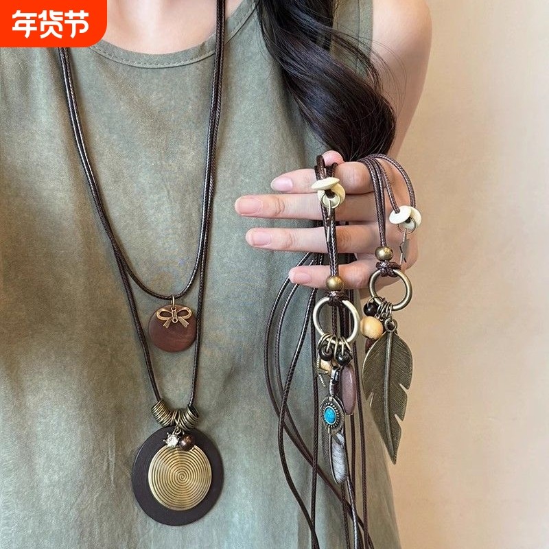 新中式禅意长款羽毛项链女复古民族风叠戴毛衣链新款波西米亚配饰