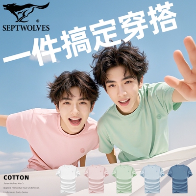 七匹狼全棉吸汗透气重磅彩色短袖