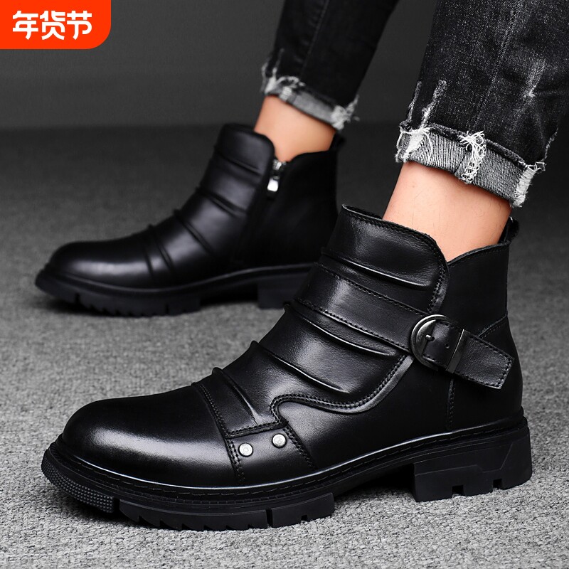 哈雷复古机车马丁靴巡航摩托棉鞋兵靴西部牛仔鞋男冬季加绒棕色