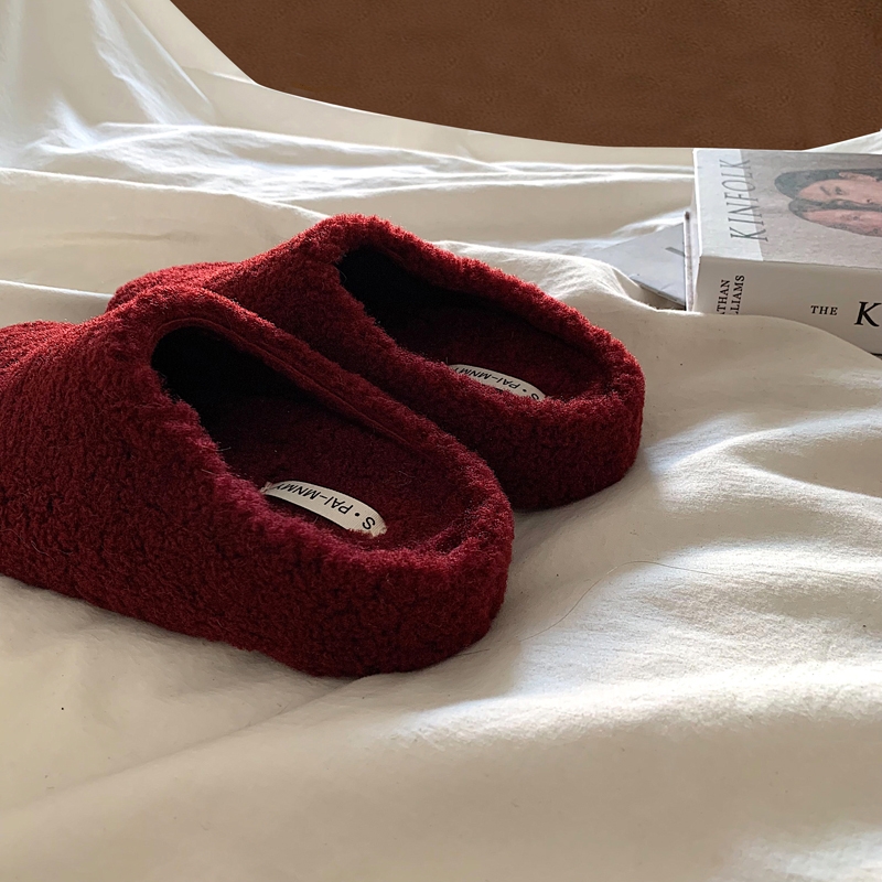 安哥拉红～ins同款羊羔毛包头半拖鞋女冬外穿毛毛棉拖鞋红色黑色
