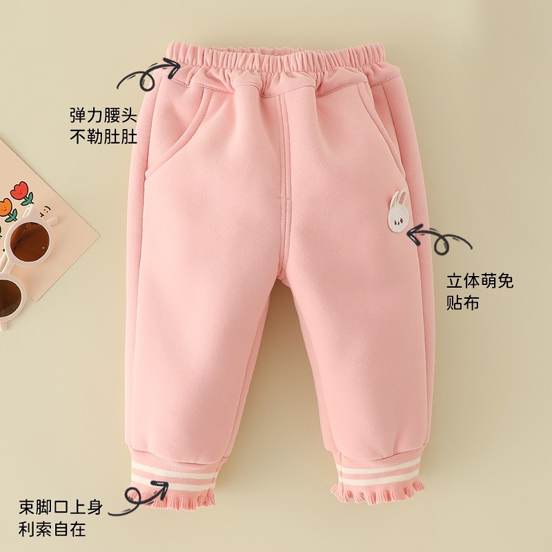 冬季女宝宝加绒加厚束脚裤子0-3岁女童小童2026开档休闲卫裤棉裤