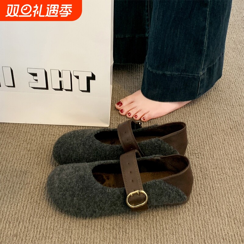 灰色加绒呢子勃肯鞋女2025秋冬新款毛毡平底豆豆鞋毛毛玛丽珍棉鞋