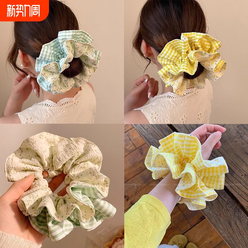 大号黄色碎花大肠双层发圈女新款丸子头发绳森系马尾头绳绿色蓝色