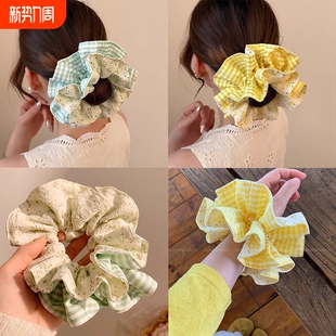 大号黄色碎花大肠双层发圈女新款 丸子头发绳森系马尾头绳绿色蓝色