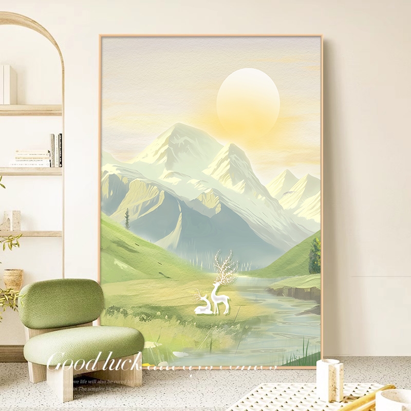 客厅装饰画沙发背景墙挂画原木奶油风日照金山玄关壁画山水画卧室