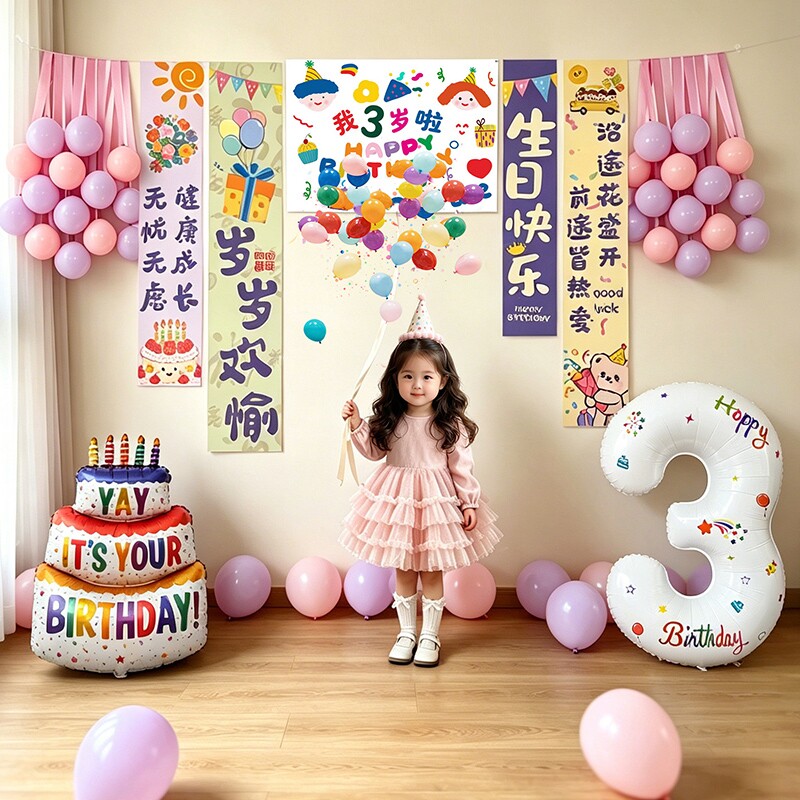 生日布置装饰场景女孩数字气球派对挂布儿童男孩宝宝周岁拍照道具图片