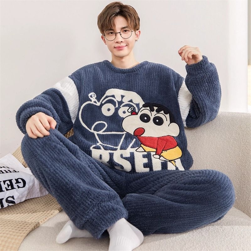 秋冬季男士睡衣珊瑚绒加厚加绒法兰绒冬天青少年男生款家居服套装