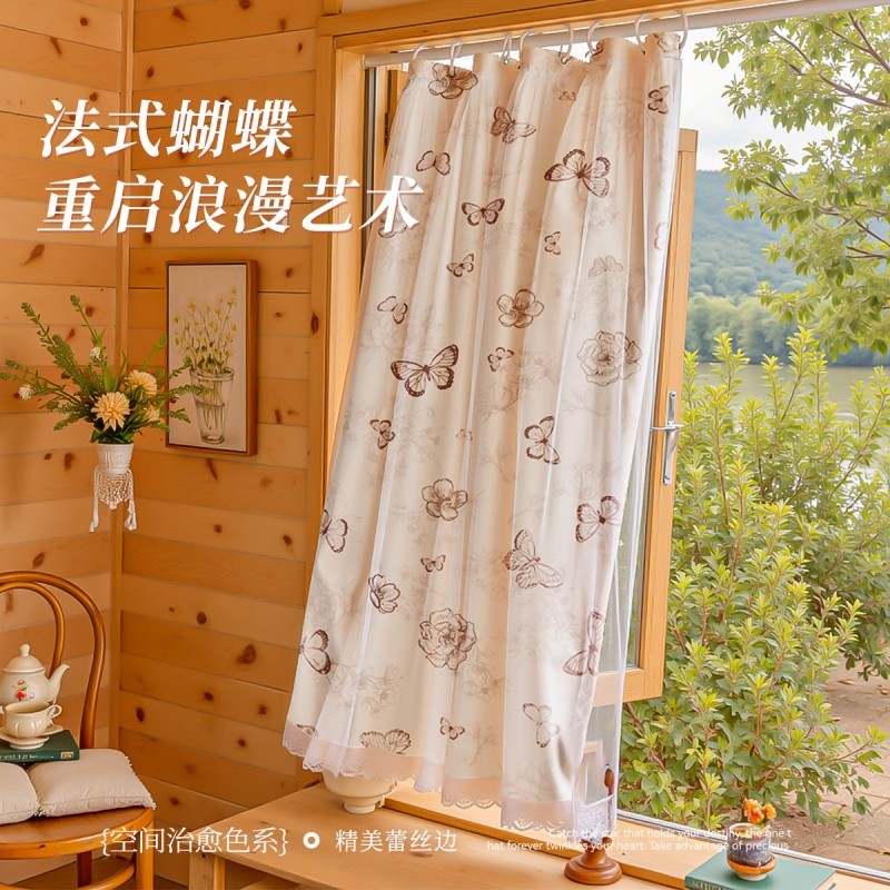 窗帘免打孔安装伸缩杆遮挡帘卧室门帘遮阳防晒遮光蕾丝阳台客厅