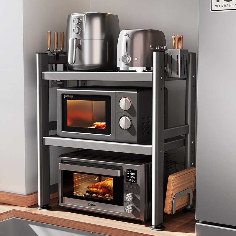 微波炉厨房置物架多功能台面一体伸缩支架烤箱收纳架子三层落地