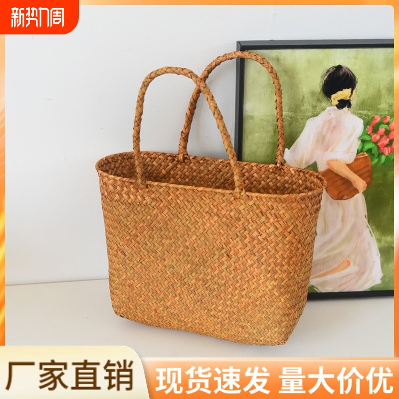 新款大容量手工编织包菜篮子藤编手提包水果野餐手拎包蔬菜草编包