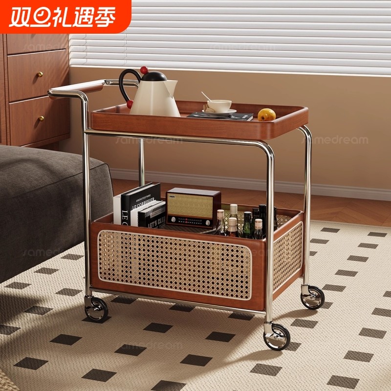 可移动边几小推车茶几客厅家用沙发边柜中古实木小桌子置物架零食