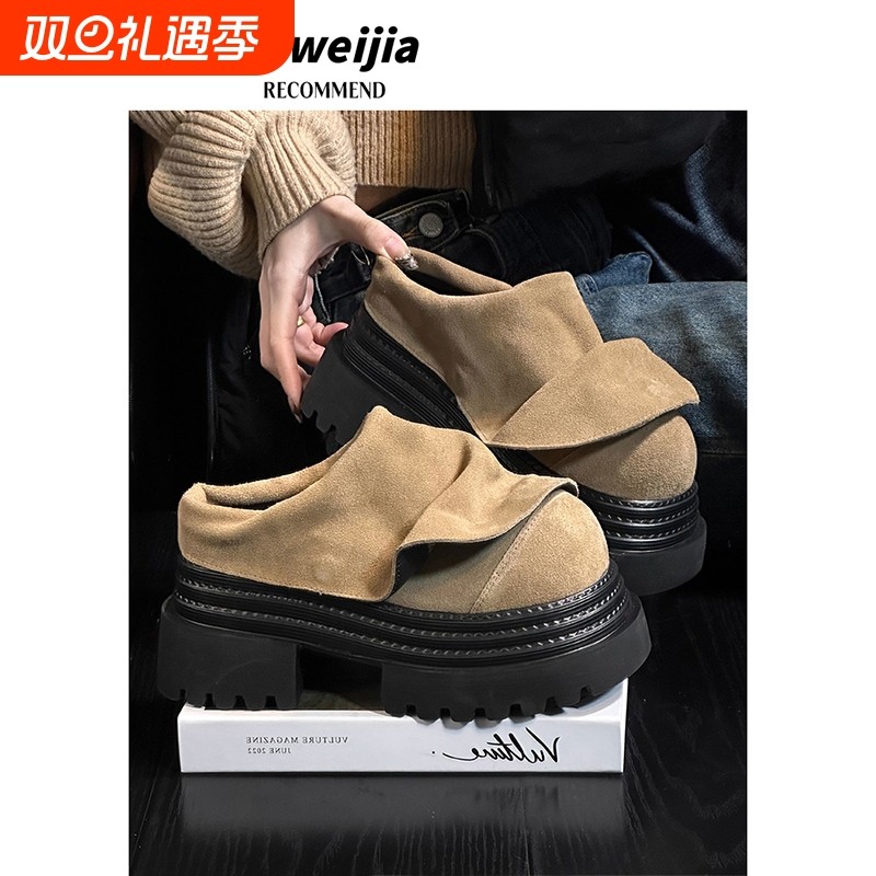 磨砂皮松糕厚底包头半拖鞋女外穿复古软皮百搭小个子增高勃肯拖鞋