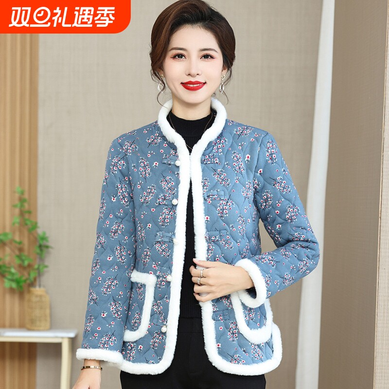 妈妈冬装驼绒棉衣加厚中老年东北花棉袄女装碎花夹棉外套棉服新款