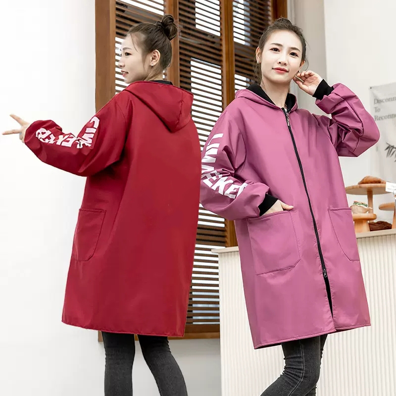 成人防水加绒罩衣工作服外穿大褂男女款厨房做饭围裙冬季红色黑色