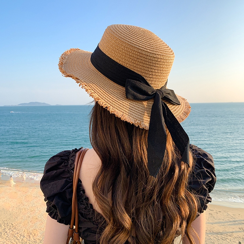 夏季女大檐防晒帽蝴蝶结飘带平顶草帽海边沙滩度假旅游太阳帽礼帽
