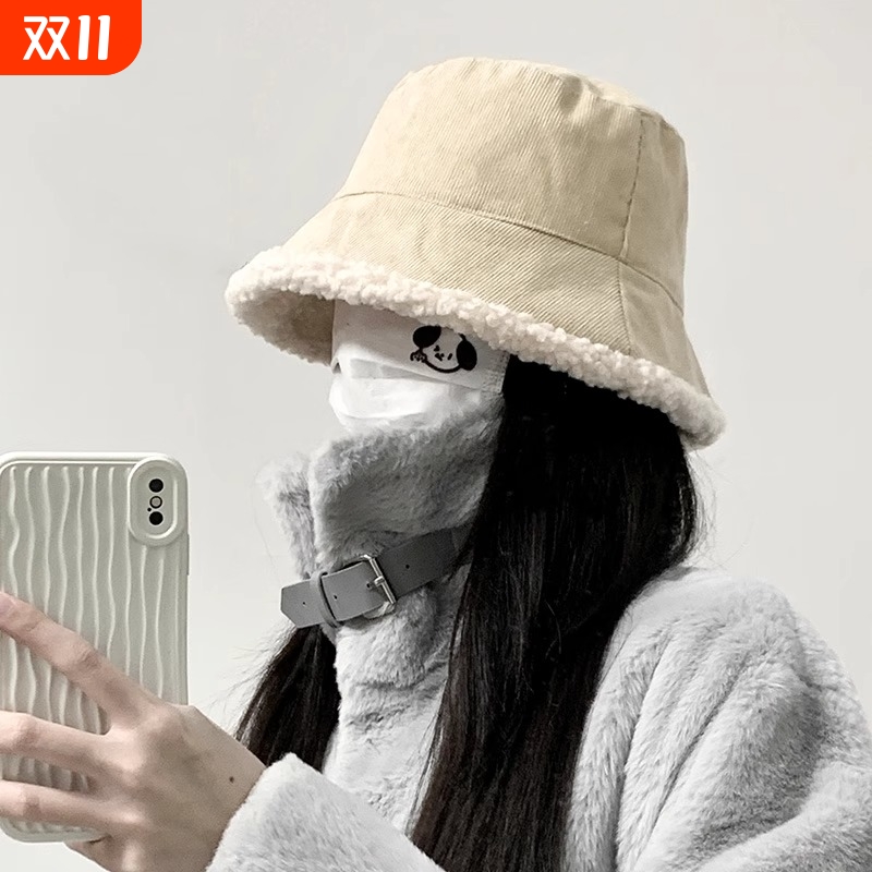 渔夫帽子女款秋冬季双面羊羔毛绒显脸小保暖加厚时尚水桶盆帽防风