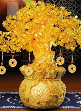 黄水晶招财摇钱树摆件家