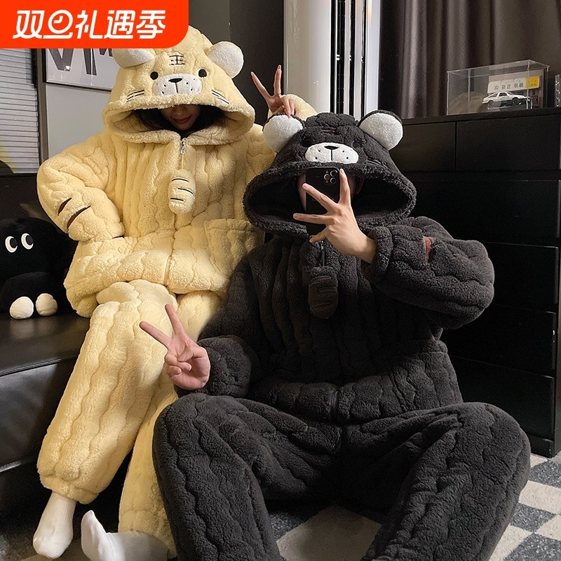 珊瑚绒情侣睡衣女款秋冬季三层夹棉法兰绒家居服连帽男士套装柔软