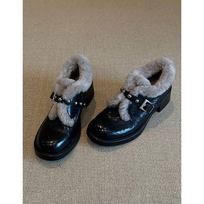 羊皮版~复古厚底加绒乐福鞋女新款百搭毛毛单鞋粗跟小皮鞋雪地靴