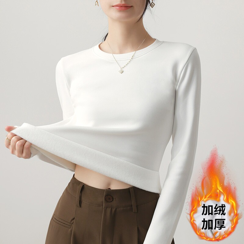 白色圆领加厚打底衫女内搭春秋季新款紧身保暖正肩纯棉长袖上衣潮