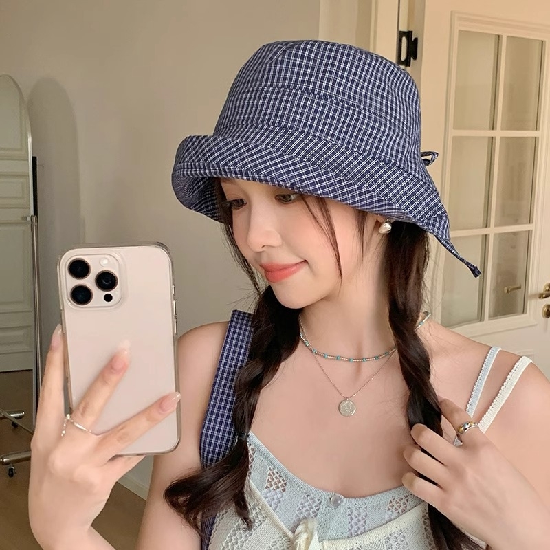 小格子渔夫帽子ins遮阳防晒帽大帽檐出游度假显脸日系复古女夏季