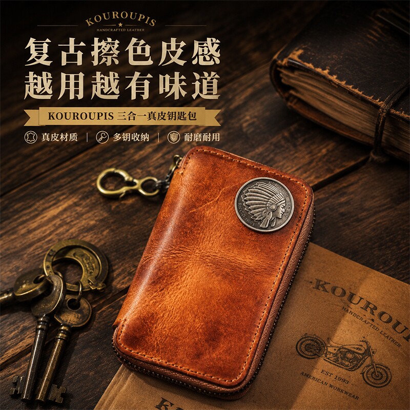 复古做旧真皮钥匙包男士可挂腰带龙虾扣家用车钥匙门禁卡钥匙套