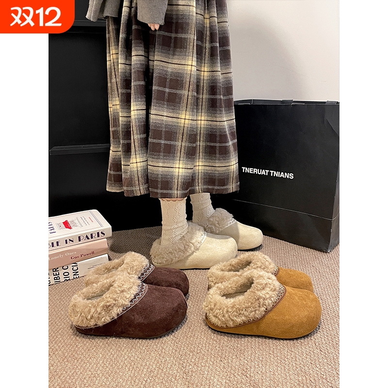 复古保暖加绒加厚厚底半拖勃肯鞋女2025新款冬防滑增高毛毛棉拖鞋