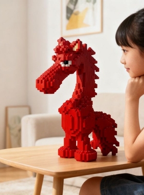 潮乐森同款2026马年吉祥物天选高冷黑马3D模型积木益智玩具摆件