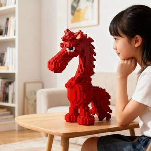 潮乐森同款2026马年吉祥物天选高冷黑马3D模型积木益智玩具摆件