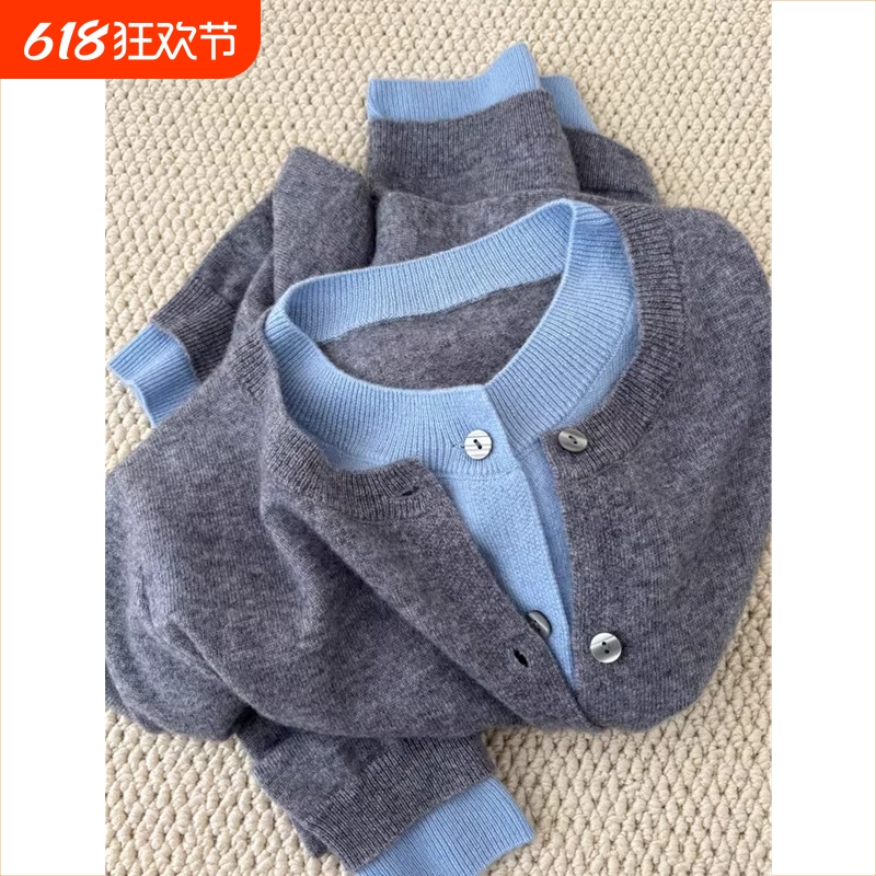 深灰色圆领针织衫女秋冬2025新款设计感假两件大码内搭单排扣毛衣